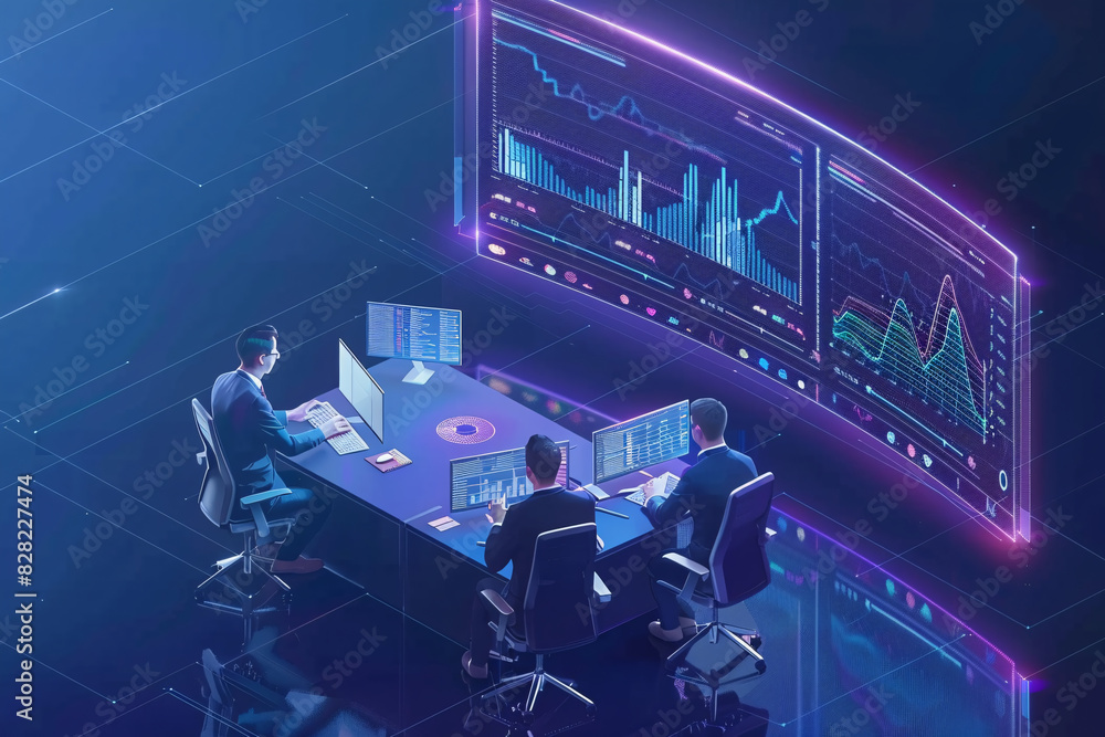 Poster isometric view of an online brokerage account showing detailed stock performance and trading options