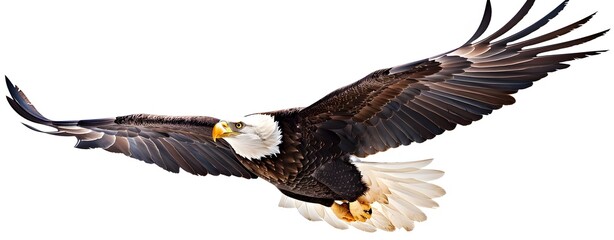 Fototapeta premium Bald eagle flying over an american flag with white background
