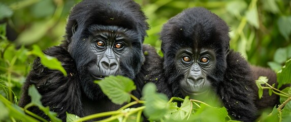 Fototapeta premium Two mountain gorillas, one adult and the other baby