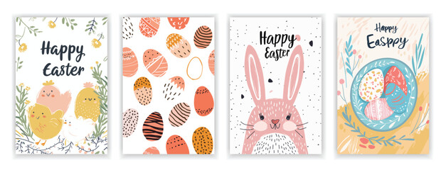 Easter Card Set with Hand-Drawn Cute Flyers and Postcards Featuring "Happy Easter" Text. Rabbit, Church, Chicken, Easter Eggs, Chicken Nest Egg on Background. Vector Illustration