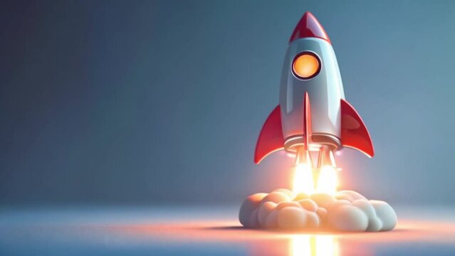 3d rocket emoji taking off and launching  with flames and smoke with light blue background, investment stocks and crypto concept Generative AI 