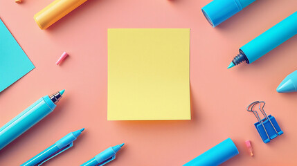 Back to school concept. A yellow color post it paper and blue pencils on peach color background with copyspace.
