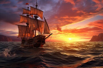 Obraz premium Small sailing ship in the open sea at sunset. Navigation in the 17th century.