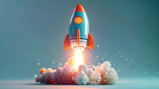 Blue 3d rocket emoji taking off and launching with flames and smoke, investment stocks and crypto concept Generative AI 