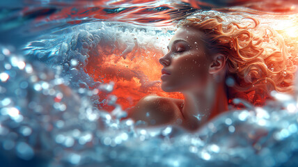 A woman is floating in the ocean with her hair in a wave