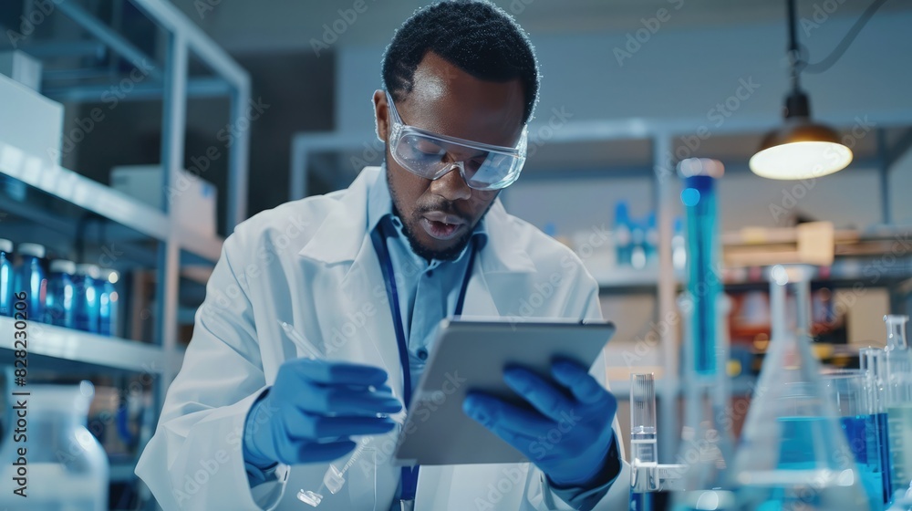 Poster focused and serious science researcher reading information on a tablet in a lab. science student stu