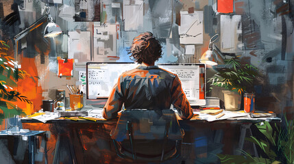 Artistic depiction of a designer working on a productive and inventive design