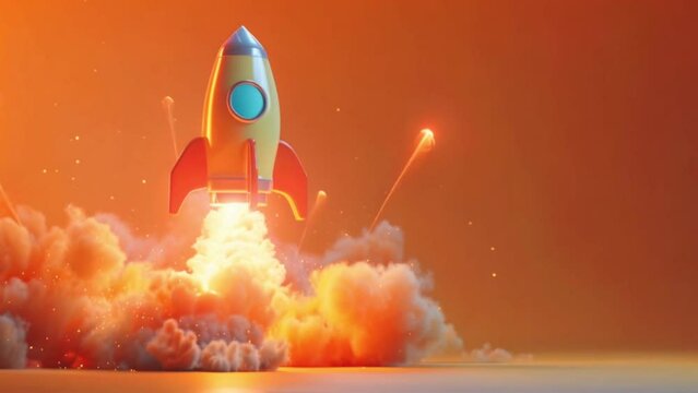 rocket 3d emoji taking off and launching with flames and smoke orange background Generative AI 