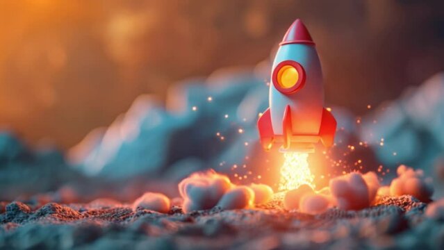 3d rocket emoji taking off and launching with flames and smoke from moon lunar surface Generative AI 