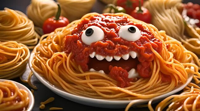 Spooky Pasta Dish with Scary Meatball Head