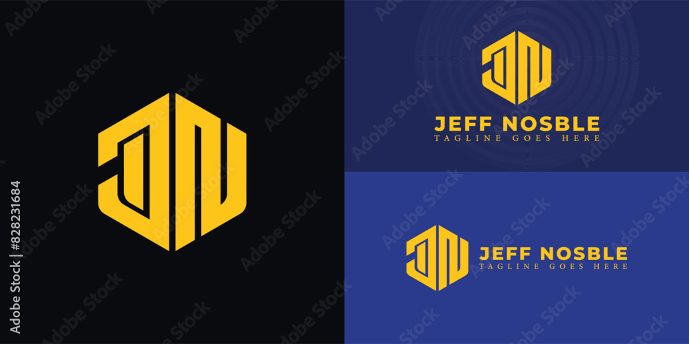 Poster abstract initial hexagon letter jn or nj logo in yellow color isolated on multiple background colors
