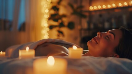 Relax, spa and zen woman with candles for beauty, physical therapy or skincare. Female client on...