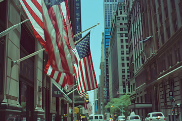 
A Row of American Flags on a City Street. Memorial Day.