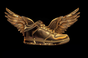 Golden winged sneakers on a dark backdrop, a bold symbol for Global Running Day