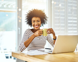 Smile, woman and portrait for remote work on laptop with paperwork, coffee and information for...