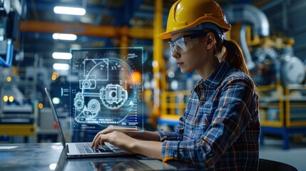 A female engineer using a laptop to design a new product