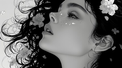 Fototapeta premium Captivating Black and White Portrait of a Mysterious and Alluring Woman Amidst Flowing Flowers and Dramatic Lighting