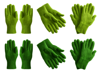 2 Set of dark light green lime knit knitted woven wool fleece hand gloves, front and flat lay view on transparent cutout PNG file. Mockup template for artwork design