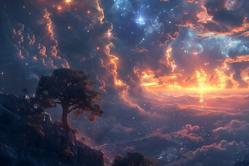 Fototapeta premium Dramatic Fiery Stormy Sky with Silhouetted Tree at Sunset or Sunrise Scenic Landscape