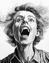 白い画用紙に描かれた驚いて絶叫する女性の顔のイラスト