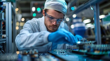 A technician performing a quality check on electronic components in a factory