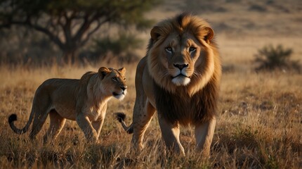 Naklejka premium A poem capturing the grace and power of a roaming pride of lions ai_generated