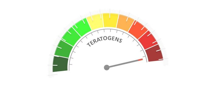 Meter scale with arrow. Teratogens measuring device display. Tachometer, speedometer or indicator. Infographic gauge element. Health care concept.