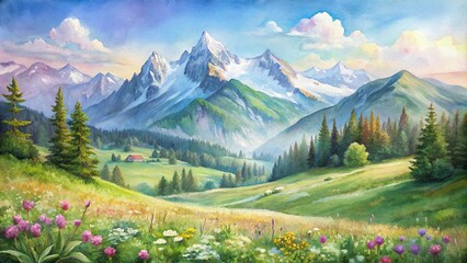 Idyllic mountain landscape in the Alps with blooming meadows in summer springtime, watercolor