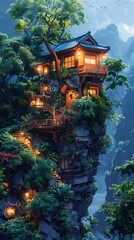 Fototapeta premium Enchanting Treehouse Perched Atop Lush Forested Cliffside with Glowing Illumination and Idyllic Atmosphere