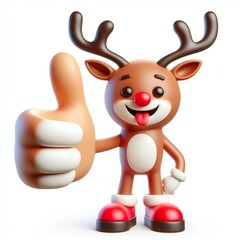 Obraz premium 3D Christmas reindeer emoji thumbs up on a white background