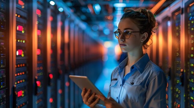 A female engineer holding a tablet, standing in front of a row of servers in a data center