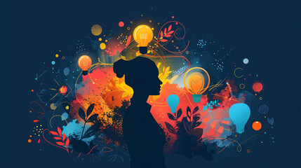 Conceptual vector of a thinker surrounded by innovative ideas and abstract elements