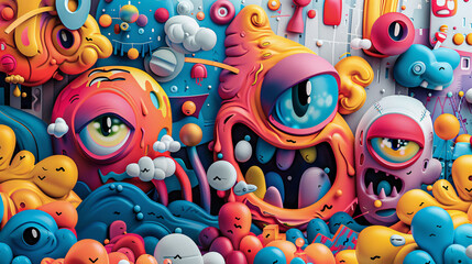 Creative composition featuring colorful cartoon characters and abstract elements