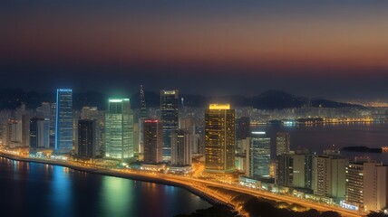 Fototapeta premium the view of the sparkling city at night seen from sky in the sea in summer