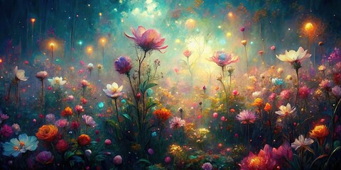Watercolor painting of a background filled with beautiful flowers, enhanced with a generative glow effect
