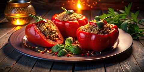 Stuffed red bell peppers filled with quinoa and cheese on a plate