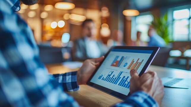 A businessman holding a digital tablet, presenting financial growth data to executives in a modern conference room