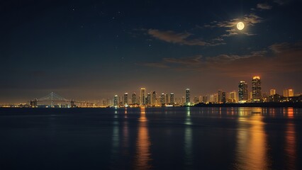 Naklejka premium the view of the sparkling city at night seen from the sea in summer