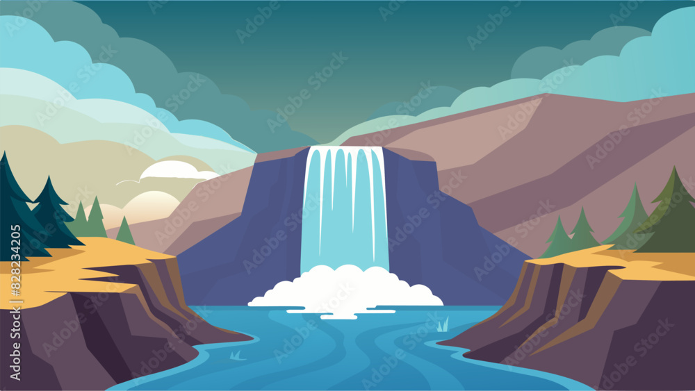 Poster a tranquil waterfall cascading down a rocky cliff capturing the soothing sound of rushing water and 