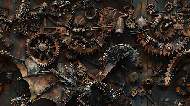 Towering Steampunk Dragon Constructed from an Interlocking Array of Gears Pistons and Bronze Toned Components in a Desolate Industrial Landscape