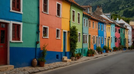 Fototapeta premium A quaint village street lined with charming houses painted in every hue of the rainbow ai_generated