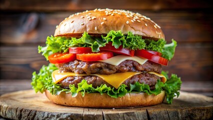 Close up of a juicy grilled burger with meat, cheese, lettuce, and tomato - Powered by Adobe