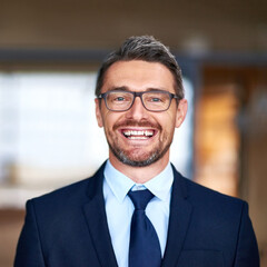 Corporate businessman, portrait and happy in office with confidence for leader in finance company....