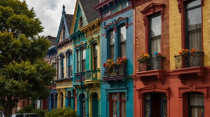 Obraz premium A poem celebrating the kaleidoscope of colors adorning a row of Victorian-style homes on a picturesque city block ai_generated