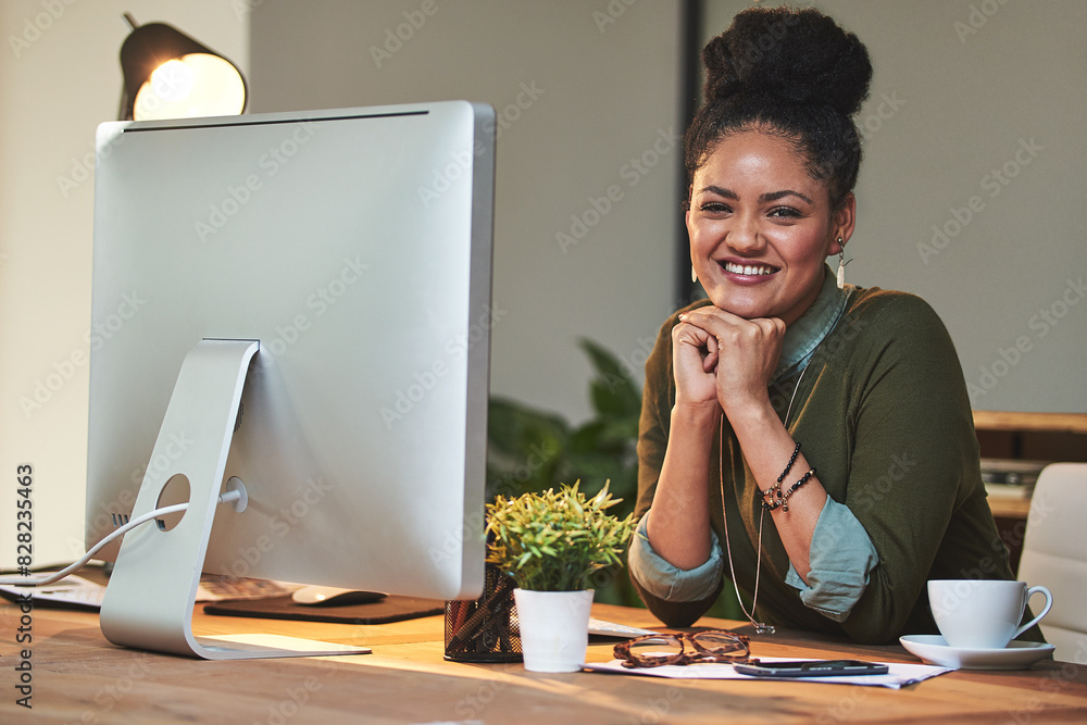 Poster African woman, startup or office with computer for research, creative or graphic designer with digital. Female entrepreneur, workplace or pc for job with website development, online for email at desk