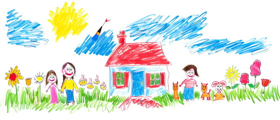 Naive children's drawing with colored chalk on white paper, made by hand by a child, family and a house with adorable pets, isolated on white background