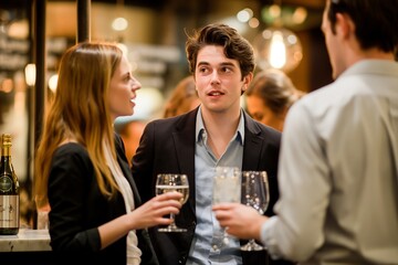 Couple standing in a bar with drinks, surrounded by friends and having fun