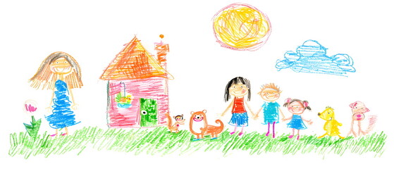 Naive children's drawing with colored chalk on white paper, made by hand by a child, family and a house with adorable pets, isolated on white background