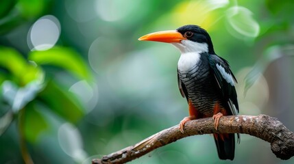 Obraz premium A Colorful Bird With An Orange Beak Perched On A Branch In The Jungle.