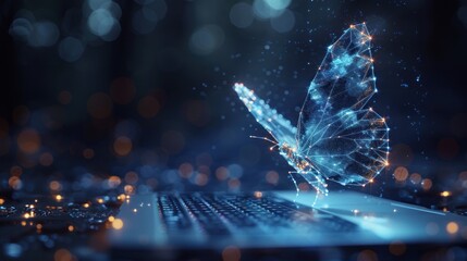 Abstract butterflies hologram flutter over the laptop.